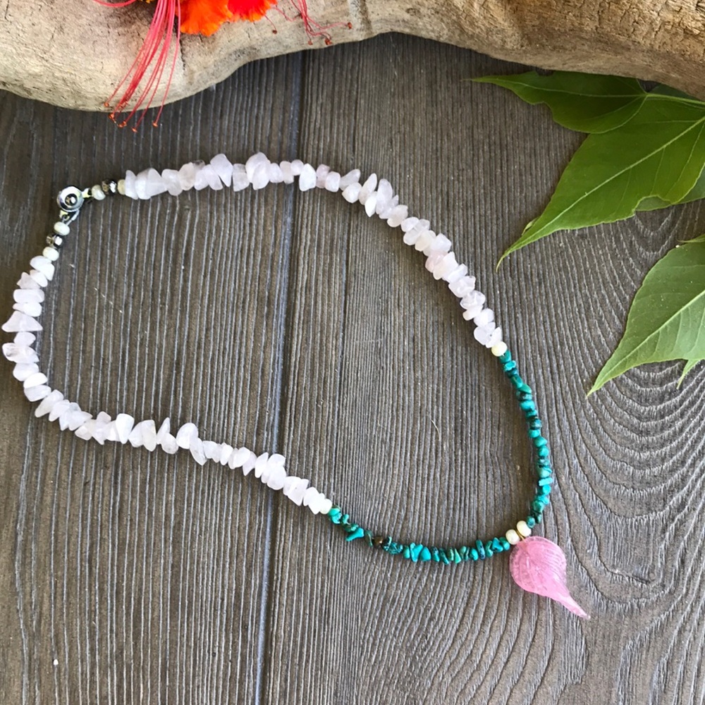 🌿Handmade Turquoise Blown Glass Rock Necklace🌿 - Picture 3 of 6